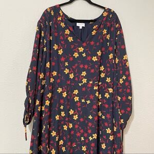 Molly & Isadora Dress Blue & Yellow Floral Knee Length Womens 32W Boho Ruched